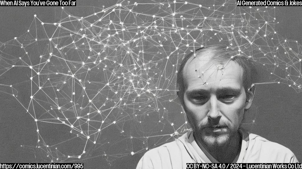 A simple, monochromatic drawing of a person sitting in front of a computer with a concerned expression on their face and a faint neural network diagram in the background.