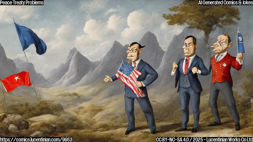 Cartoon of two men in suits, one looking angry and pointing at a document, the other looking sheepish. Behind them are two simplified flags of fictional countries, and a backdrop of a range of mountains being replaced with small hills. The style is simple and colorful.
