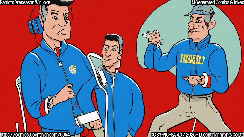 A cartoon style drawing of a football coach wearing a blue jacket and holding a red ladder on a green football field. The sky is bright blue. The style is simple and plain.