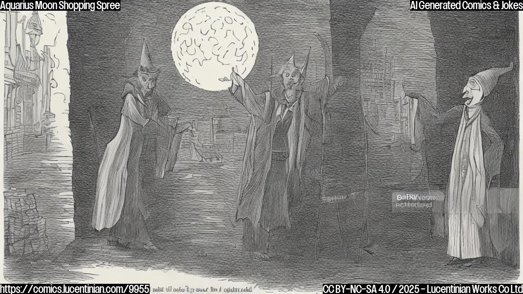 A cartoon drawing of a person with long robes and a pointy hat, hesitating to buy a fancy hat in a shop, with a big full moon in the background.