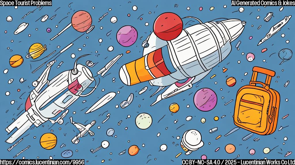 Cartoon style, plain color background, a small spaceship with many oversized luggage pieces strapped all over it, looking overloaded and comical.