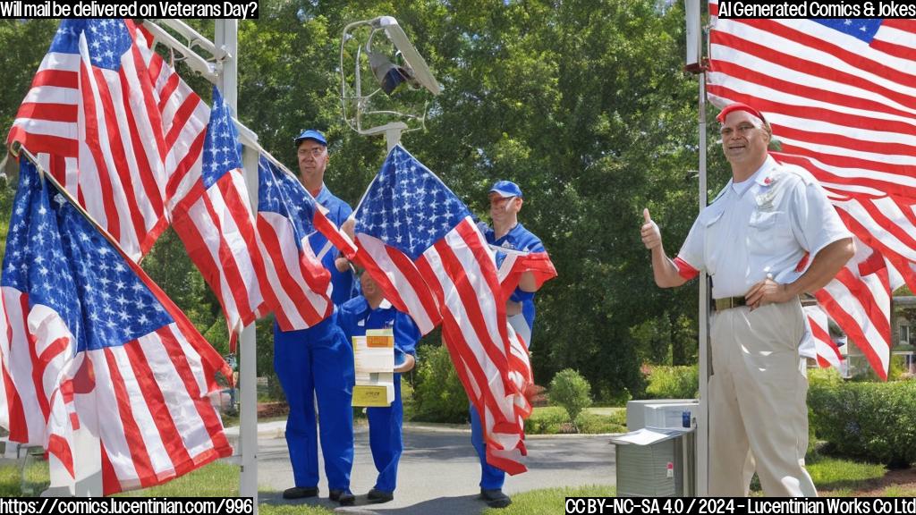 A mailman with a ladder, a postal worker with a flag, and a mailbox with a patriotic design. The mailman is standing on the ladder, looking up at the postal worker, who is holding a flag in one hand and giving a thumbs up. In the background, there is a mailbox with a red, white, and blue design.