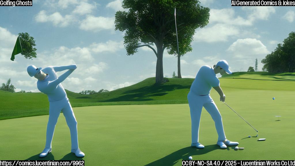 A plain color cartoon style picture of a translucent, ghostly figure wearing golfing attire, including a visor and golf glove, standing on a lush green golf course. The ghost is holding a golf club and looking towards a distant flag on the green. The sky is a simple gradient of light blue.