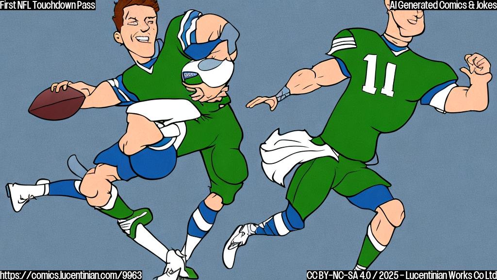 A cartoon drawing of a football player in a blue uniform throwing a football that turns into a perfectly shaped package mid-air. The background is a simple green field with white yard lines. The style is plain color cartoon.