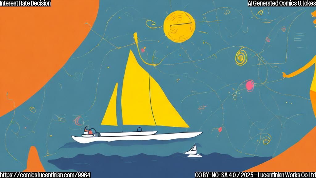 A simple cartoon illustration of a person looking gleeful, with a small sailboat in the background and graphs pointing downwards. The overall color scheme should be a light, cheerful yellow.