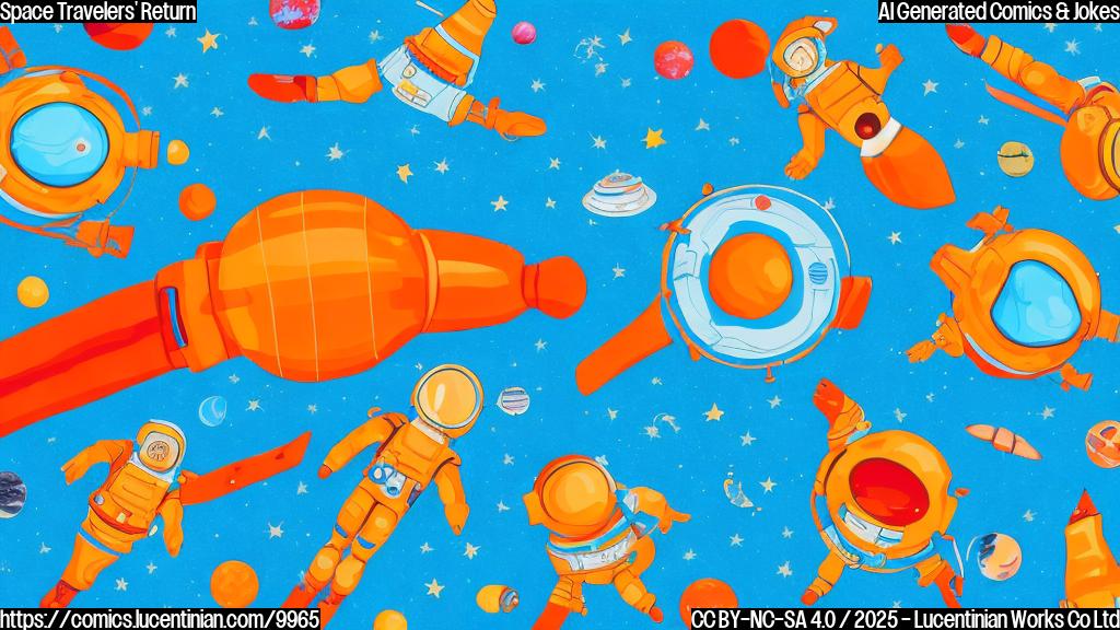 Four cartoon astronauts in orange spacesuits are floating in a calm blue ocean under a giant parachute. The background is a clear blue sky. The style is simple and colorful.