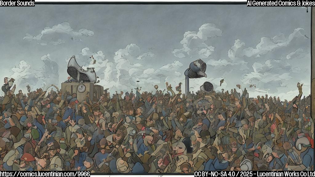 A cartoon image showing two sections of land separated by a gray line. On the left side, a loudspeaker is being carefully lowered by figures with olive drab suits. On the right side, figures with dark blue suits are listening with headphones, musical notes emanating around them. The sky is light blue. The style is plain color cartoon.