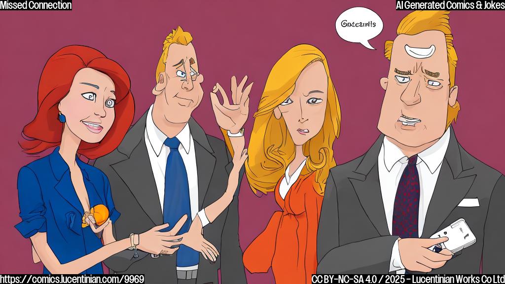 A cartoon drawing of a British actress with red hair and a serious expression, standing next to a businessman with blond hair and an orange tan, who is gesturing grandly. The actress is holding a phone and looking away from him with a disgusted face. The background is a simple, plain color background.