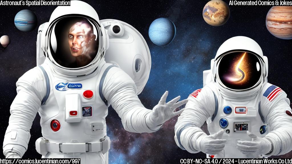 a cartoon of a person wearing a white spacesuit and helmet, floating in a spaceship with stars and planets in the background, looking confused and disoriented, with a big question mark above their head.