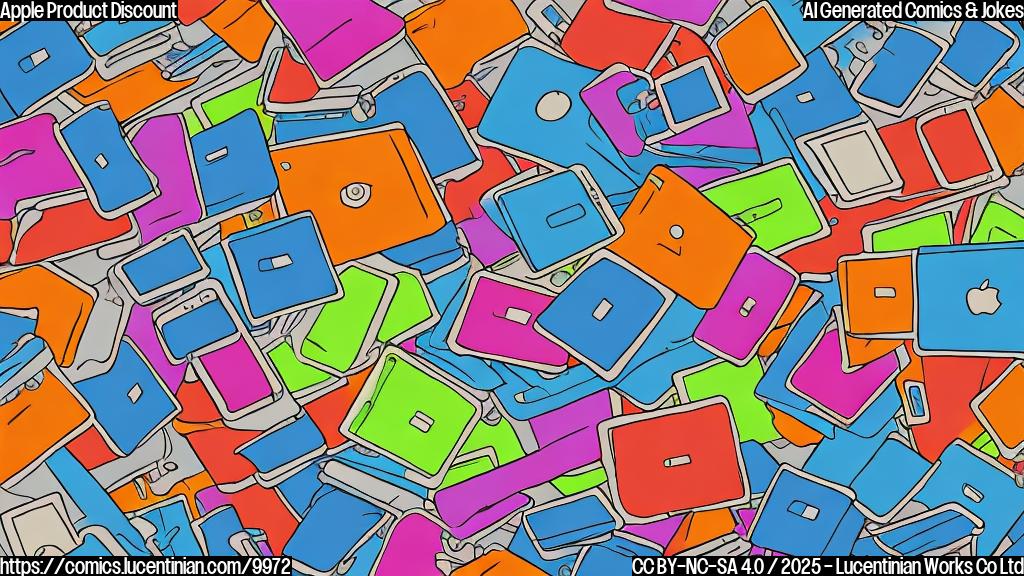 A plain color cartoon style image of a pile of stylized laptops and tablets with large, cartoon-like discount tags on them. The background is a single, bright color.