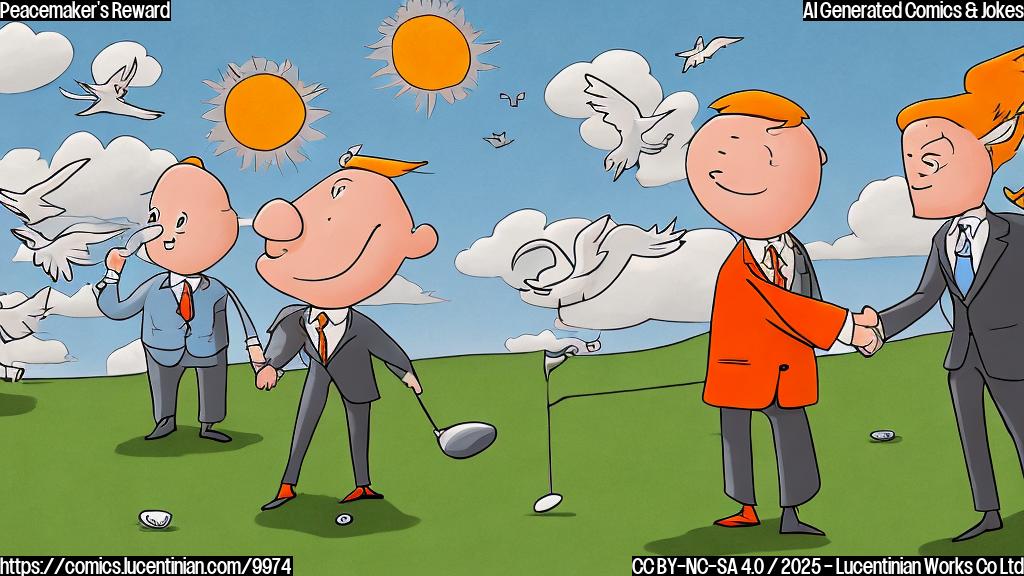 Cartoon style image of a plain orange golf course with cartoon golf players wearing suits and ties, shaking hands on the green. The sun is smiling from the sky, and cartoon doves are flying around.