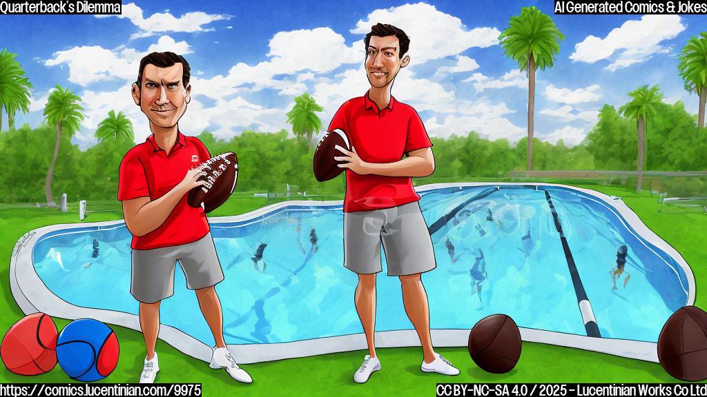 a cartoon style image of a football coach standing nervously near a pool filled with footballs, wearing a whistle and holding a clipboard. The pool is labeled "Quarterback Competition". The background is a sunny day with fluffy clouds. Everything is drawn in plain, bright colors.