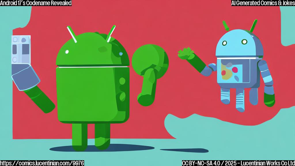 A simple, cartoon-style illustration of a green Android robot figure joyfully holding up a pixelated ice cream sandwich. The background is a plain light blue.