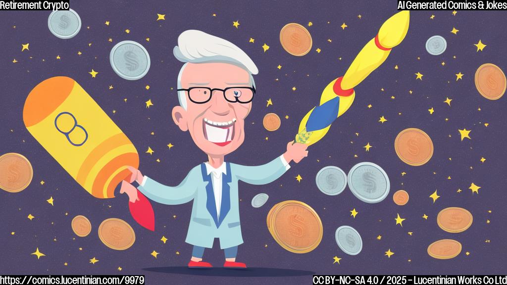 A cartoon drawing of a cheerful elderly person happily holding a large stack of digital coins with a rocket taking off in the background. The style is simple and colorful, emphasizing the joy of financial success.