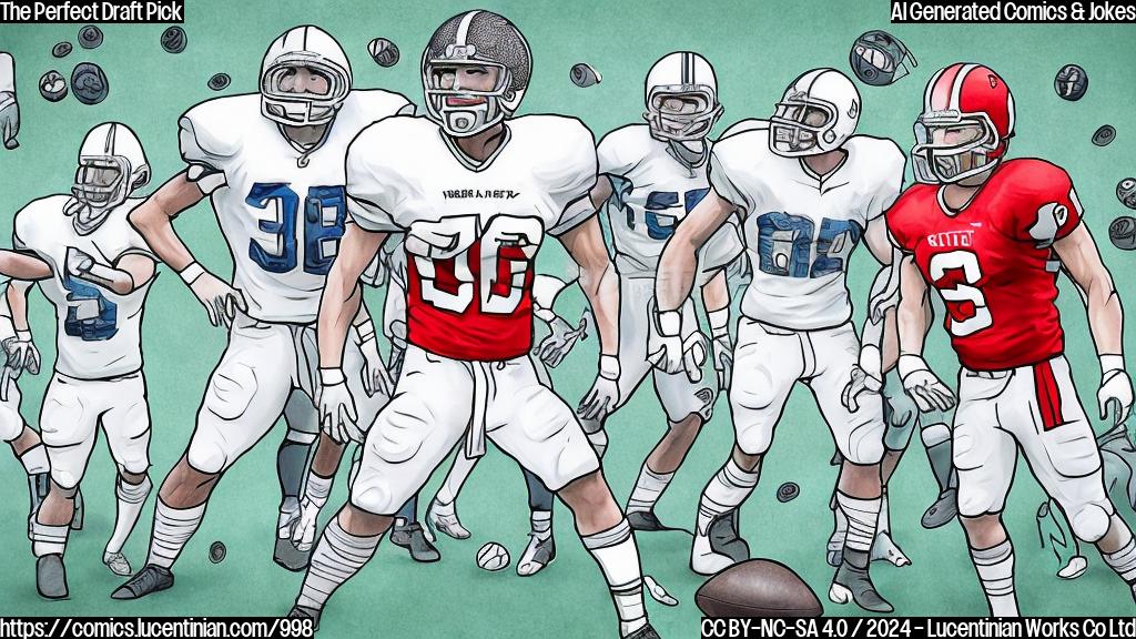Draw a cartoon of a football player with a long face, wearing a jersey with the number 1 on it, standing in front of a whiteboard with a graph showing a declining EPA per play score. The football player has a disappointed expression and is surrounded by falling footballs and shattered defense gear.