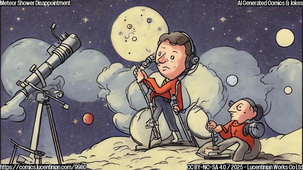 A plain color cartoon style image of a sad-looking astronomer with a telescope, and a very bright, mischievous-looking moon nearby. Meteors are faintly visible in the background, overshadowed by the moon's brightness.