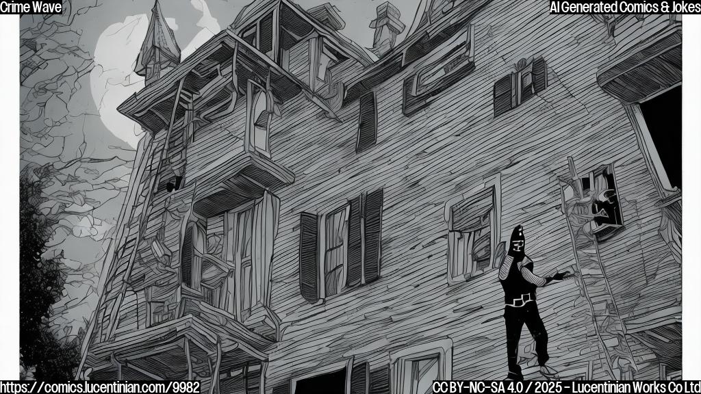 Plain color cartoon style image of a generic burglar character wearing a black and white striped shirt and a black mask, carrying a tall ladder in front of a generic row house. The color of the row house is gray and the sky is light blue.
