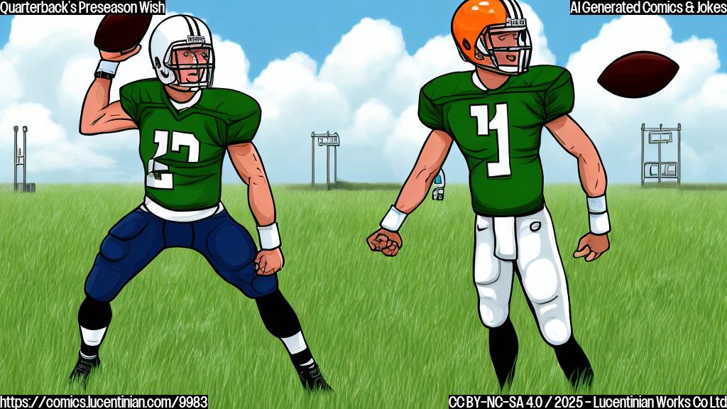 A cartoon style illustration of a football quarterback in a green uniform standing on a football field. The field is filled with blades of grass shaped like weights, dumbbells and barbells. The quarterback looks determined and is surrounded by these grassy weights. The background is a plain blue sky.