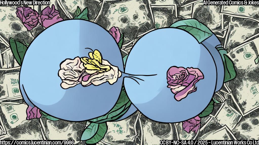 A cartoon depiction of a sad, wilting flower labeled "Artistic Integrity" being pushed aside by a giant, overflowing money bag with dollar signs on it. The background is a plain light blue.