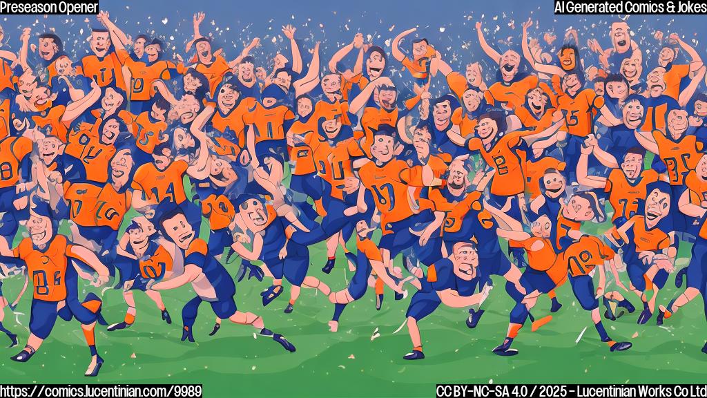A cartoon drawing of a generic football team wildly celebrating on a field, rendered in a flat, plain color style.