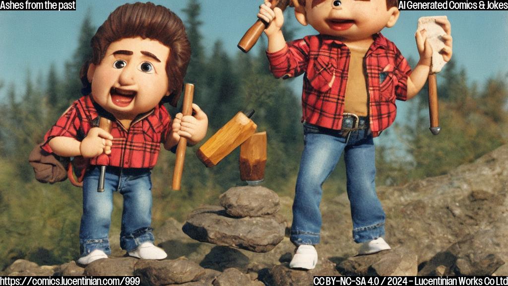 A medium-sized, humanoid figure in a flannel shirt, jeans, and a backpack is shown holding a small hammer and a rock sample. The figure's face has a worried expression.