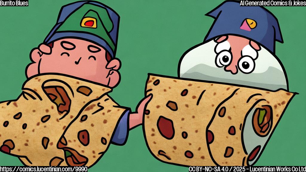 A sad looking cartoon character wearing a paper hat and burrito uniform, holding a half-wrapped burrito. Background is a plain light green color. Cartoon style.