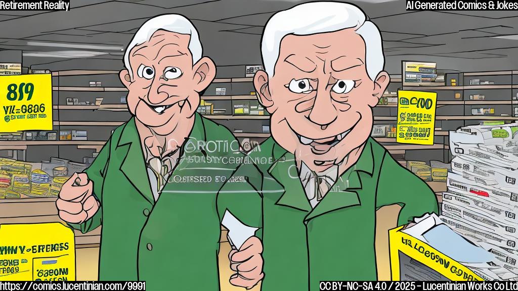 A cartoon drawing of an 80-year-old grocery store worker with gray hair, wearing a green vest, standing next to a mountain of coupons, looking exasperated. Plain yellow background.