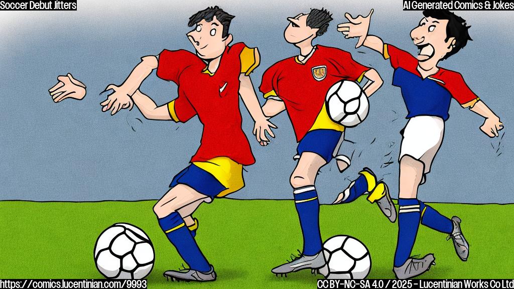 a plain color cartoon style picture of a nervous soccer player on a soccer field, sweating bullets