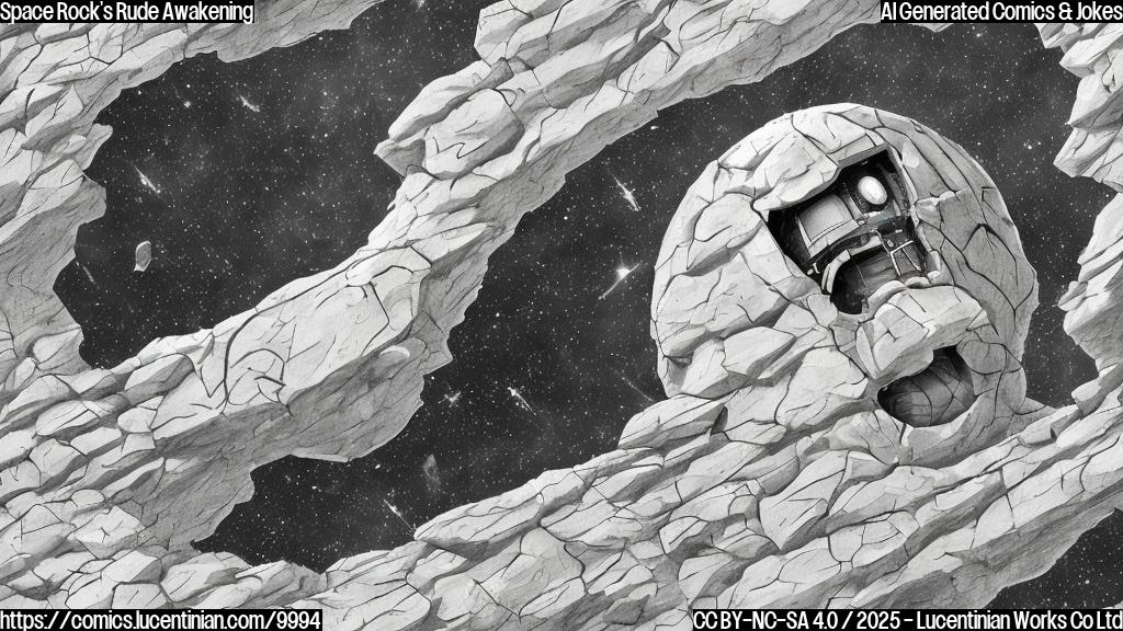 A cartoon-style image of a gray space rock with a smug expression, sticking halfway out of a damaged red roof.