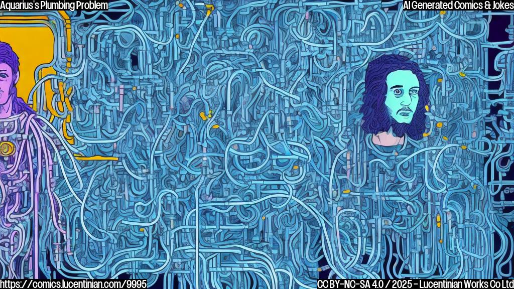 Cartoon style image. A light blue humanoid figure with wavy hair (representing Aquarius) looking worriedly at a tangled mess of pipes under a sink. The pipes are glowing with a faint purple light (representing Pluto). The background is a simple, plain yellow wall.