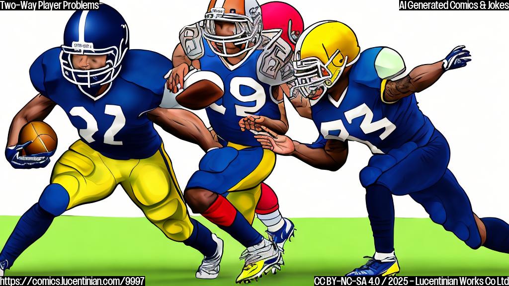 A cartoon drawing of a football player with a jersey that's half offensive colors and half defensive colors, looking exhausted and slumped over. Plain color background.