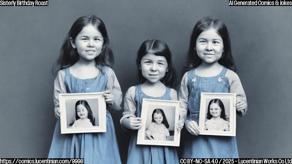A simple cartoon of two sisters. The older sister has a mischievous grin and is holding up a photo of the younger sister as a child, who has an embarrassed expression. The background is a plain light blue.