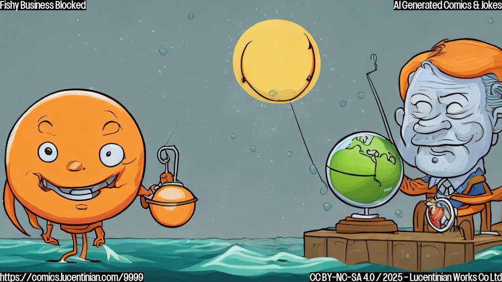 A cartoon-style image of a courtroom scene. On one side, a smiling green globe character representing the environment. On the other, a frowning orange sun character with comb-over representing a bygone era. A fishing rod casts a line towards a document labeled "Ocean Protections." The image should be in plain colors with clear lines.